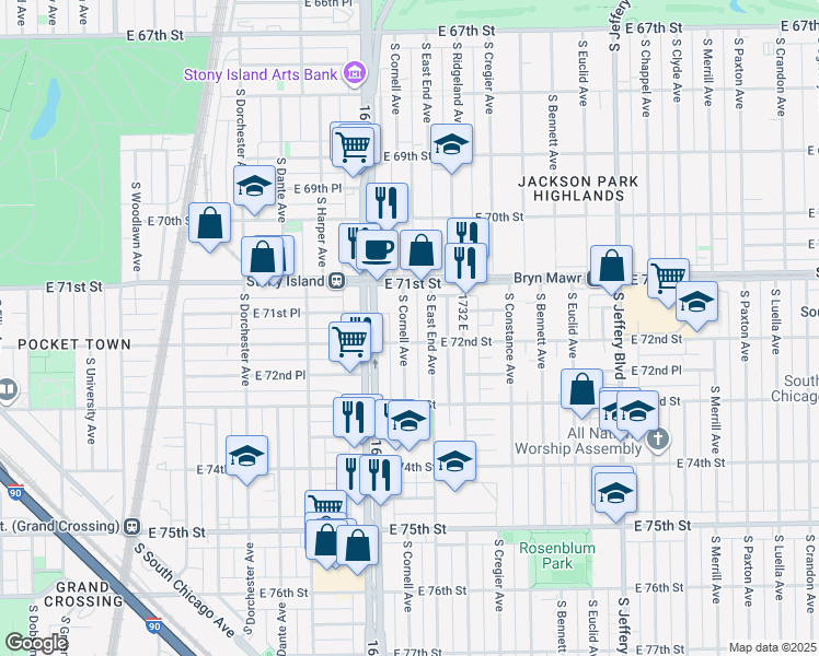 map of restaurants, bars, coffee shops, grocery stores, and more near 7152 South Cornell Avenue in Chicago