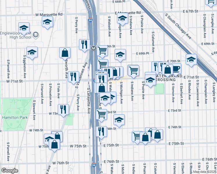 map of restaurants, bars, coffee shops, grocery stores, and more near 7134 South Wabash Avenue in Chicago