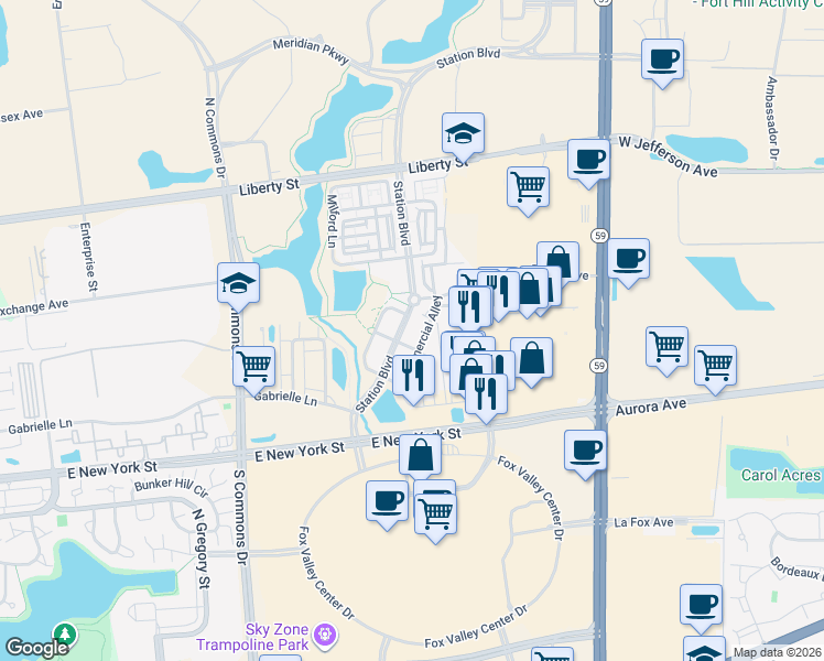 map of restaurants, bars, coffee shops, grocery stores, and more near 675 Station Boulevard in Aurora