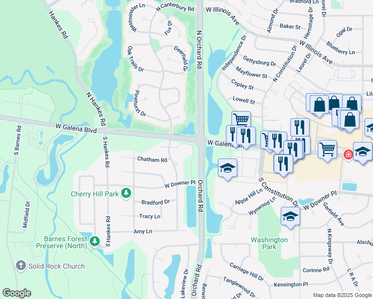map of restaurants, bars, coffee shops, grocery stores, and more near 7 South Orchard Road in Aurora