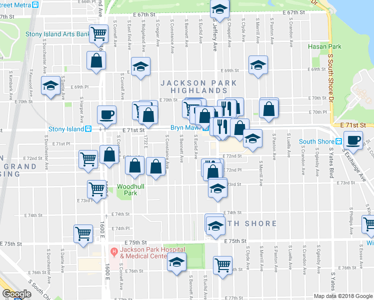 map of restaurants, bars, coffee shops, grocery stores, and more near 7147 South Bennett Avenue in Chicago