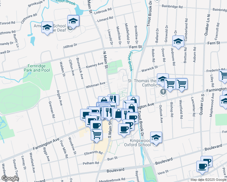 map of restaurants, bars, coffee shops, grocery stores, and more near 38 North Main Street in West Hartford