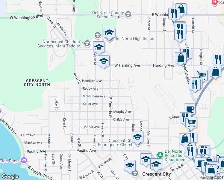 map of restaurants, bars, coffee shops, grocery stores, and more near 864 El Dorado Street in Crescent City