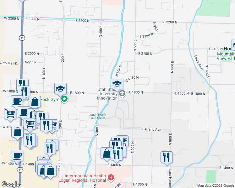 map of restaurants, bars, coffee shops, grocery stores, and more near 1780 Research Park Way in Logan