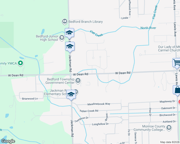 map of restaurants, bars, coffee shops, grocery stores, and more near 1616 West Dean Road in Temperance