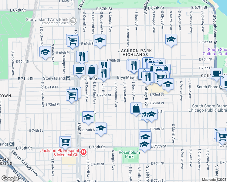 map of restaurants, bars, coffee shops, grocery stores, and more near 7151 South Constance Avenue in Chicago