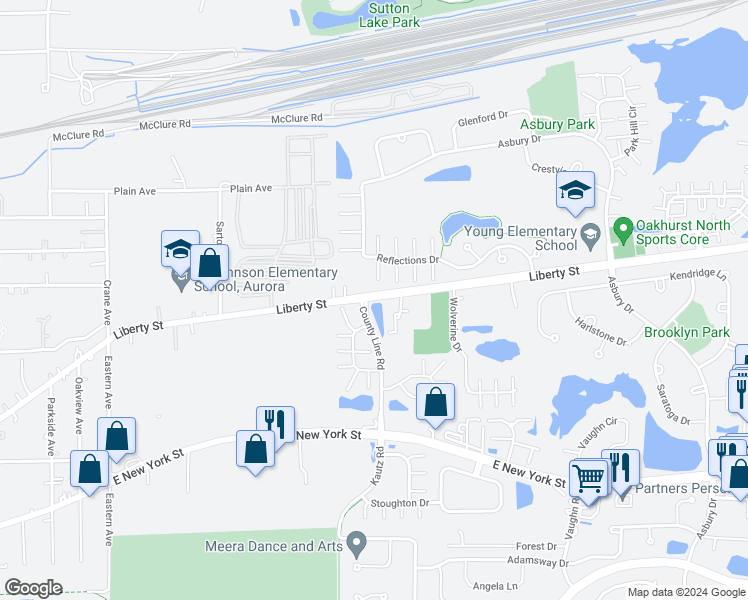 map of restaurants, bars, coffee shops, grocery stores, and more near 2301 Liberty Street in Aurora