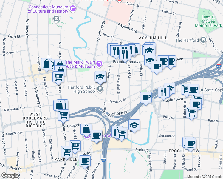 map of restaurants, bars, coffee shops, grocery stores, and more near 141 South Marshall Street in Hartford