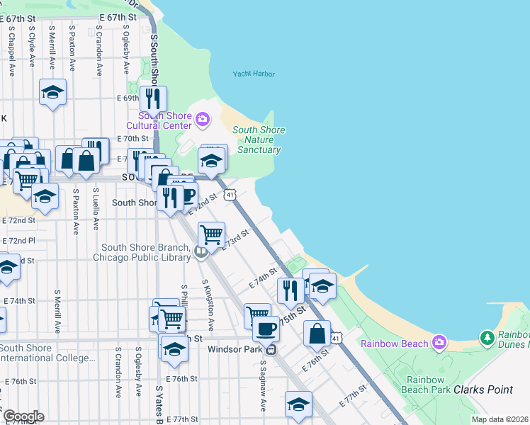 map of restaurants, bars, coffee shops, grocery stores, and more near 7300 South Lake Park Avenue in Chicago