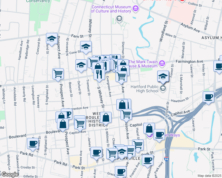 map of restaurants, bars, coffee shops, grocery stores, and more near 45 Evergreen Avenue in Hartford