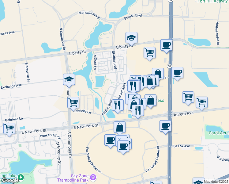 map of restaurants, bars, coffee shops, grocery stores, and more near 733 Station Boulevard in Aurora