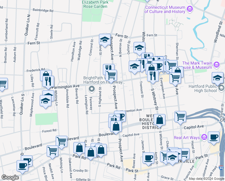 map of restaurants, bars, coffee shops, grocery stores, and more near 581 Prospect Avenue in Hartford