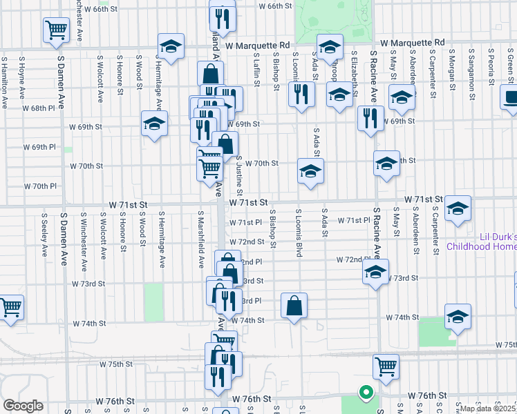map of restaurants, bars, coffee shops, grocery stores, and more near 1501 West 71st Street in Chicago