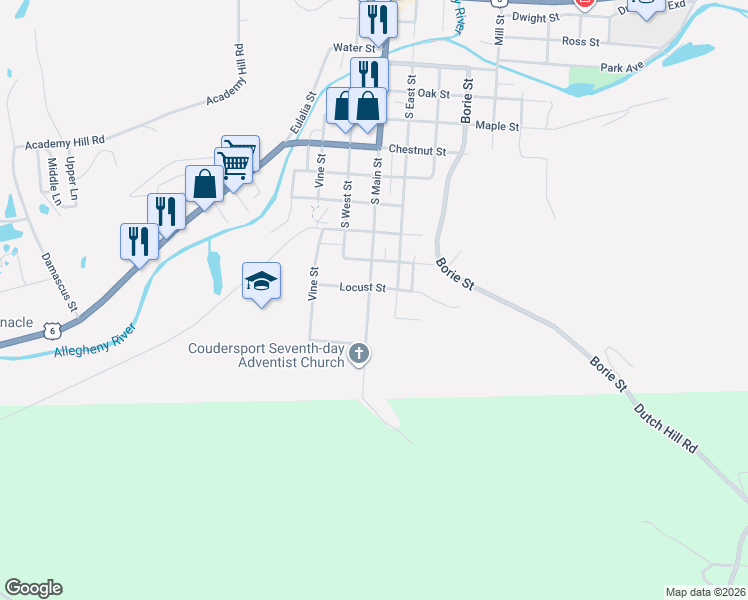map of restaurants, bars, coffee shops, grocery stores, and more near 606 South East Street in Coudersport