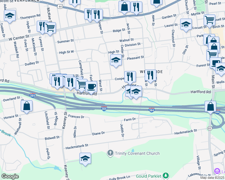 map of restaurants, bars, coffee shops, grocery stores, and more near 11 Goslee Drive in Manchester