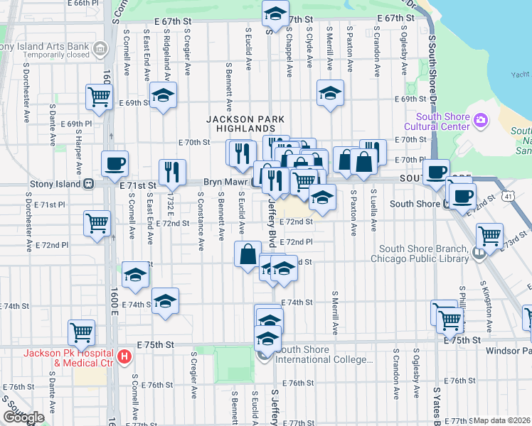 map of restaurants, bars, coffee shops, grocery stores, and more near 7200 South Jeffery Boulevard in Chicago