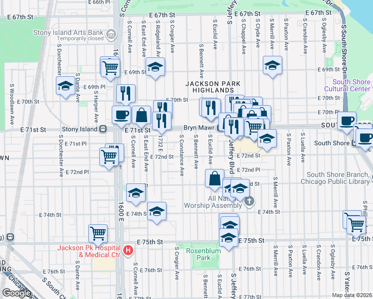 map of restaurants, bars, coffee shops, grocery stores, and more near 7151 South Constance Avenue in Chicago
