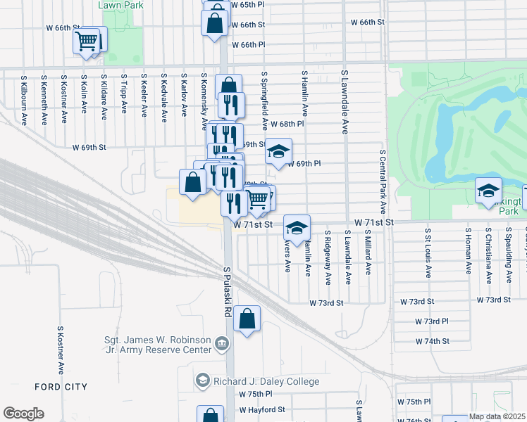 map of restaurants, bars, coffee shops, grocery stores, and more near 3901 West 70th Place in Chicago