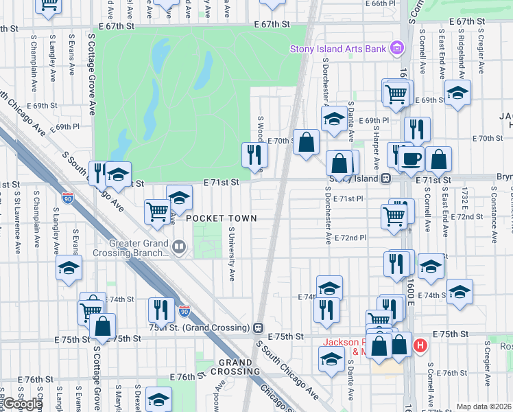 map of restaurants, bars, coffee shops, grocery stores, and more near 7147 South Woodlawn Avenue in Chicago