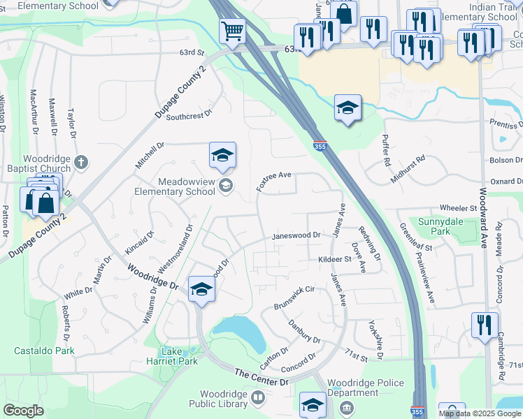 map of restaurants, bars, coffee shops, grocery stores, and more near 6701 Foxtree Avenue in Woodridge