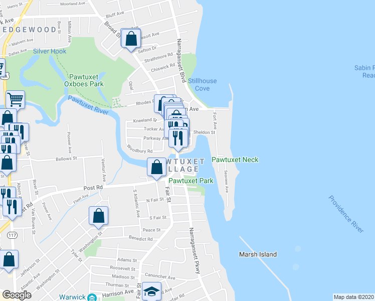 map of restaurants, bars, coffee shops, grocery stores, and more near 6 Bridge Street in Cranston