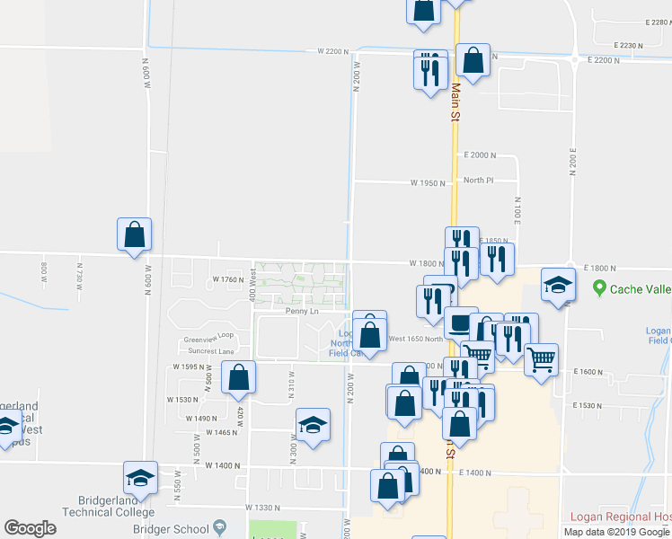 map of restaurants, bars, coffee shops, grocery stores, and more near 89 Hampton Place in Logan