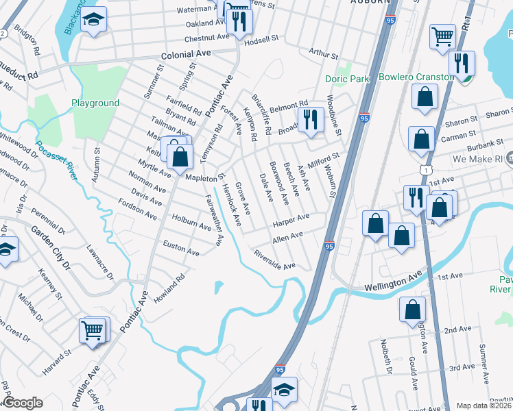 map of restaurants, bars, coffee shops, grocery stores, and more near 70 Grove Avenue in Cranston