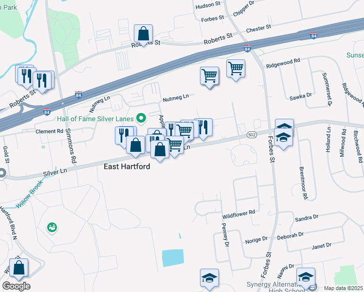 map of restaurants, bars, coffee shops, grocery stores, and more near 818 Silver Lane in East Hartford