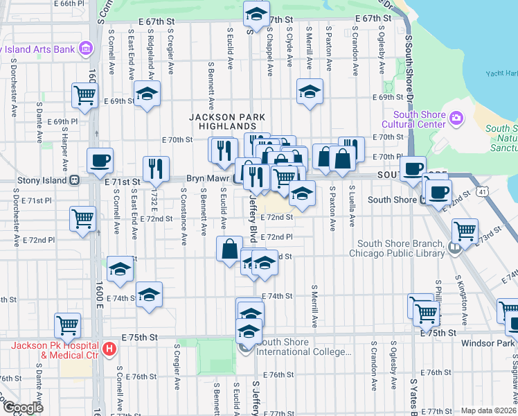 map of restaurants, bars, coffee shops, grocery stores, and more near 7147 South Jeffery Avenue in Chicago