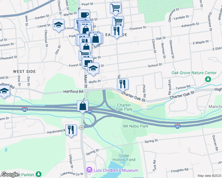 map of restaurants, bars, coffee shops, grocery stores, and more near 57 Charter Oak Street in Manchester