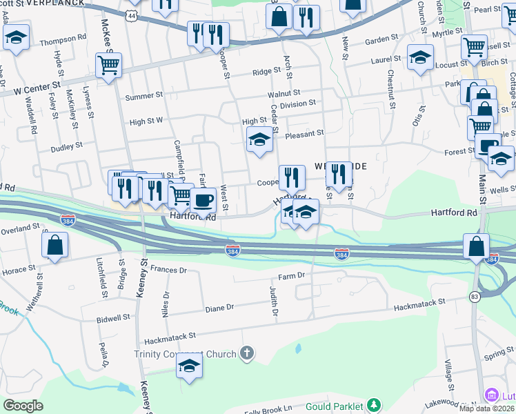 map of restaurants, bars, coffee shops, grocery stores, and more near 316 Hartford Road in Manchester