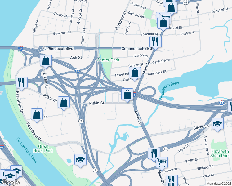 map of restaurants, bars, coffee shops, grocery stores, and more near 14 May Street in East Hartford