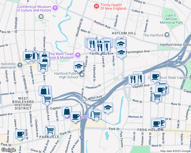 map of restaurants, bars, coffee shops, grocery stores, and more near 141 South Marshall Street in Hartford