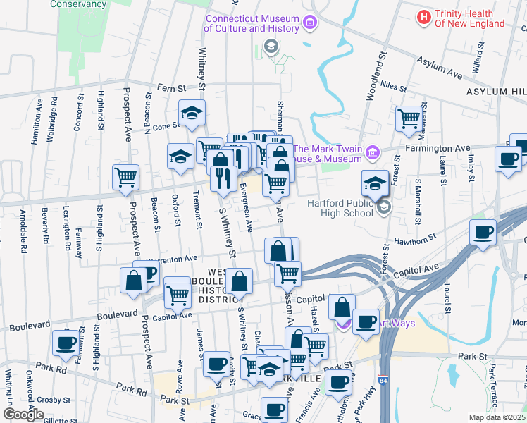 map of restaurants, bars, coffee shops, grocery stores, and more near 22 Gray Street in Hartford