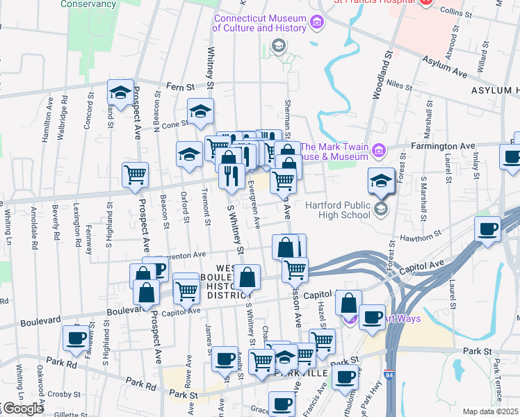 map of restaurants, bars, coffee shops, grocery stores, and more near 45 Evergreen Avenue in Hartford