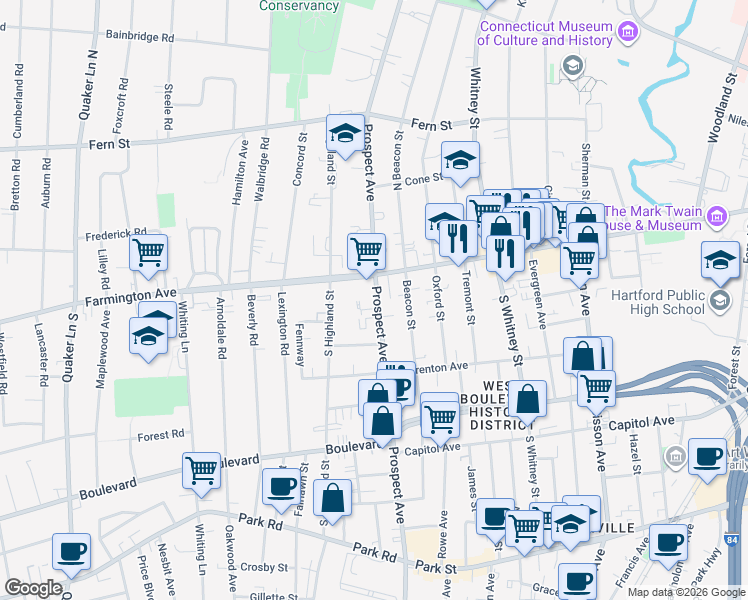 map of restaurants, bars, coffee shops, grocery stores, and more near 570 Prospect Avenue in Hartford