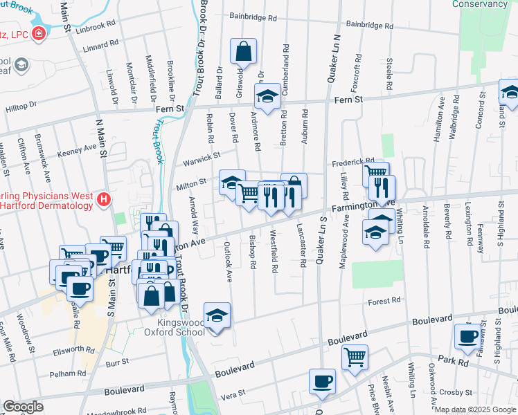 map of restaurants, bars, coffee shops, grocery stores, and more near 20 Dover Road in West Hartford