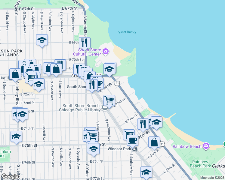 map of restaurants, bars, coffee shops, grocery stores, and more near 7233 South Coles Avenue in Chicago