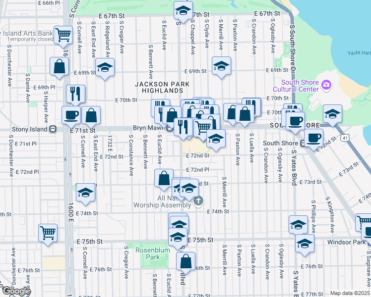 map of restaurants, bars, coffee shops, grocery stores, and more near 7200 South Jeffery Boulevard in Chicago