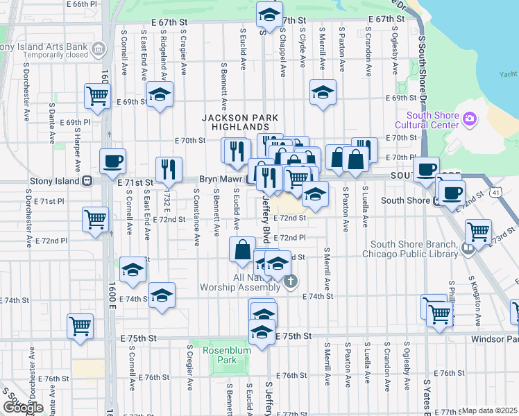 map of restaurants, bars, coffee shops, grocery stores, and more near 7200 South Jeffery Boulevard in Chicago