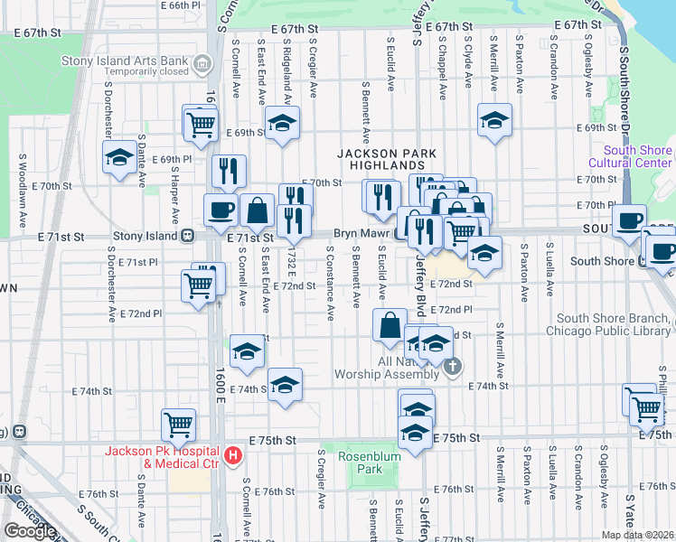 map of restaurants, bars, coffee shops, grocery stores, and more near 7151 South Constance Avenue in Chicago