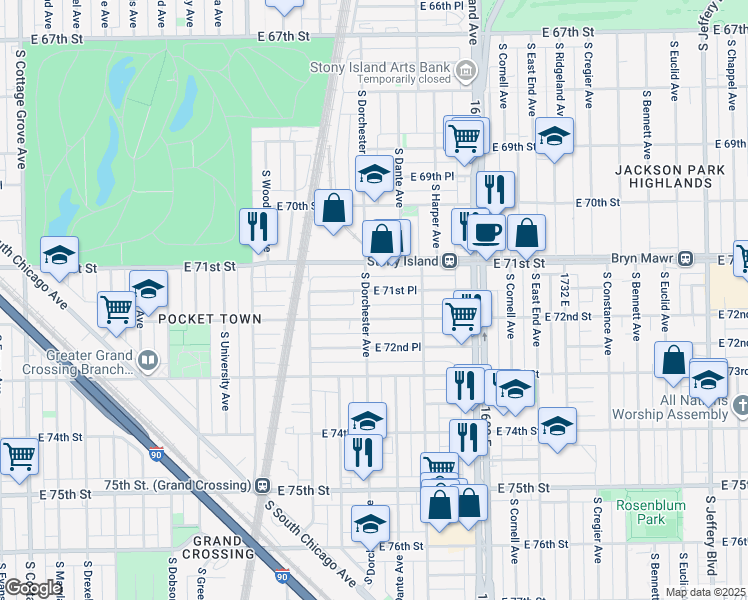 map of restaurants, bars, coffee shops, grocery stores, and more near 7156 South Dorchester Avenue in Chicago