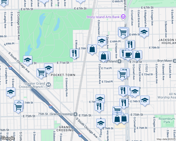 map of restaurants, bars, coffee shops, grocery stores, and more near 1318 East 72nd Street in Chicago