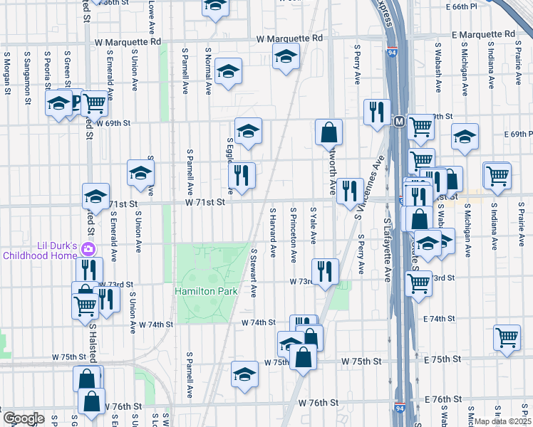 map of restaurants, bars, coffee shops, grocery stores, and more near 7126 South Harvard Avenue in Chicago
