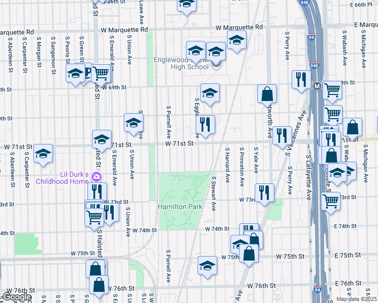 map of restaurants, bars, coffee shops, grocery stores, and more near 7128 South Eggleston Avenue in Chicago