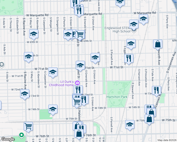 map of restaurants, bars, coffee shops, grocery stores, and more near 7124 South Union Avenue in Chicago