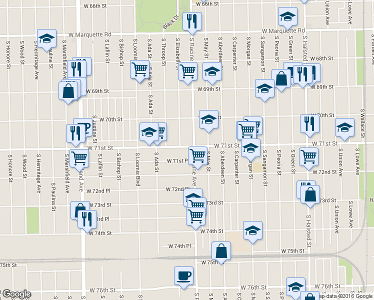 map of restaurants, bars, coffee shops, grocery stores, and more near 7111 South Racine Avenue in Chicago