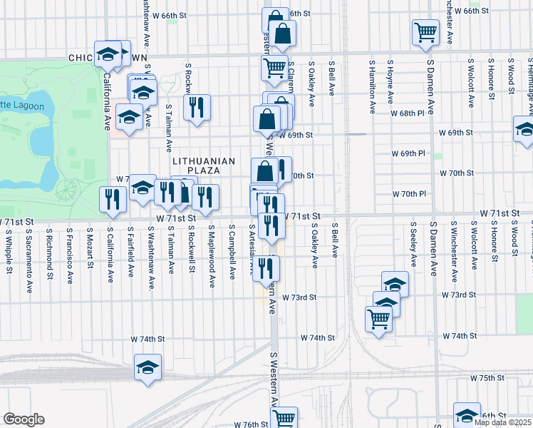 map of restaurants, bars, coffee shops, grocery stores, and more near 2417 West 71st Street in Chicago
