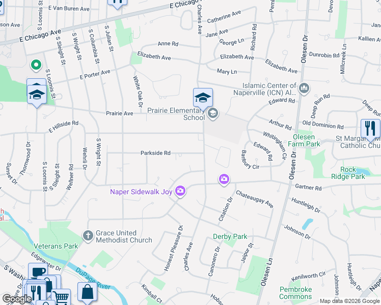 map of restaurants, bars, coffee shops, grocery stores, and more near 604 Count Fleet Court in Naperville