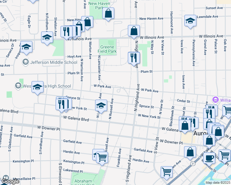 map of restaurants, bars, coffee shops, grocery stores, and more near 663 Charles St in Aurora